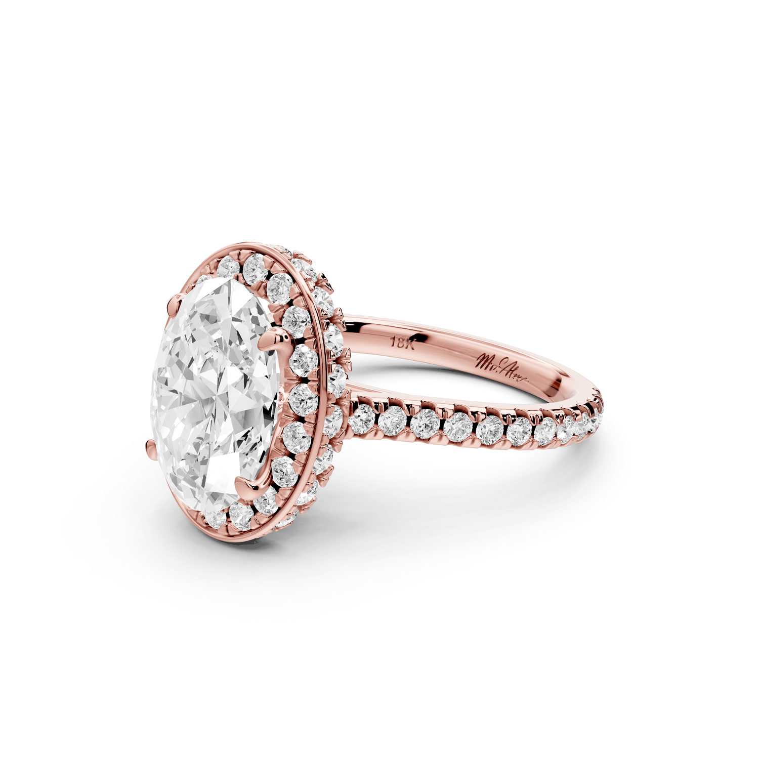 Beatrice - 3ct 18k rose gold oval stone in rollover halo with diamond bridge and pavé engagement ring - Mr. Alex Jewelry