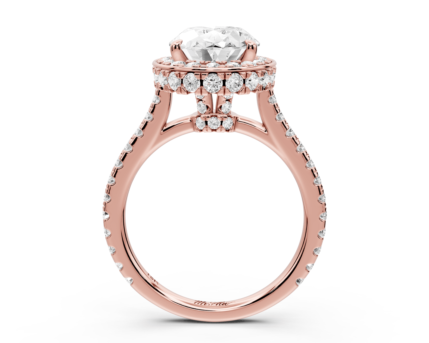 Beatrice - 3ct 18k rose gold oval stone in rollover halo with diamond bridge and pavé engagement ring - Mr. Alex Jewelry