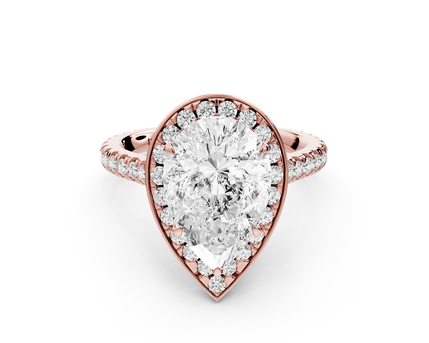 Beatrice - 3ct 18k rose gold pear stone in rollover halo with diamond bridge and pavé engagement ring - Mr. Alex Jewelry
