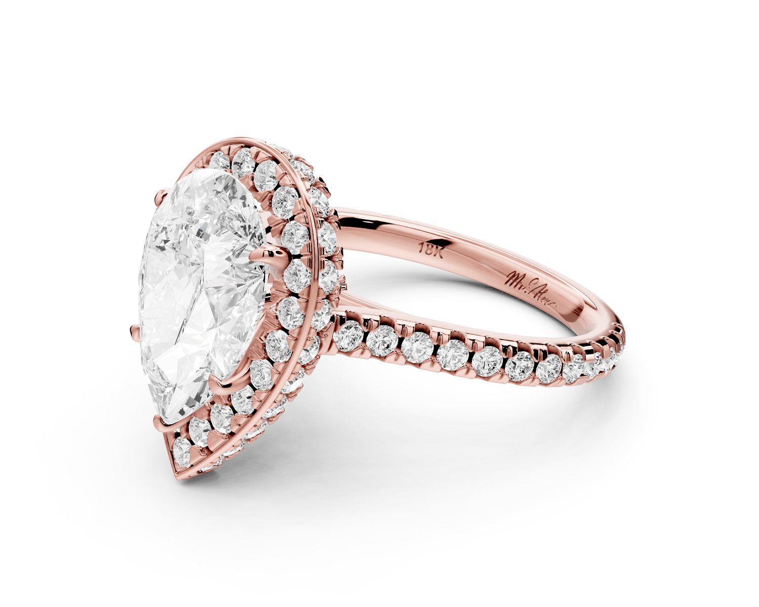 Beatrice - 3ct 18k rose gold pear stone in rollover halo with diamond bridge and pavé engagement ring - Mr. Alex Jewelry