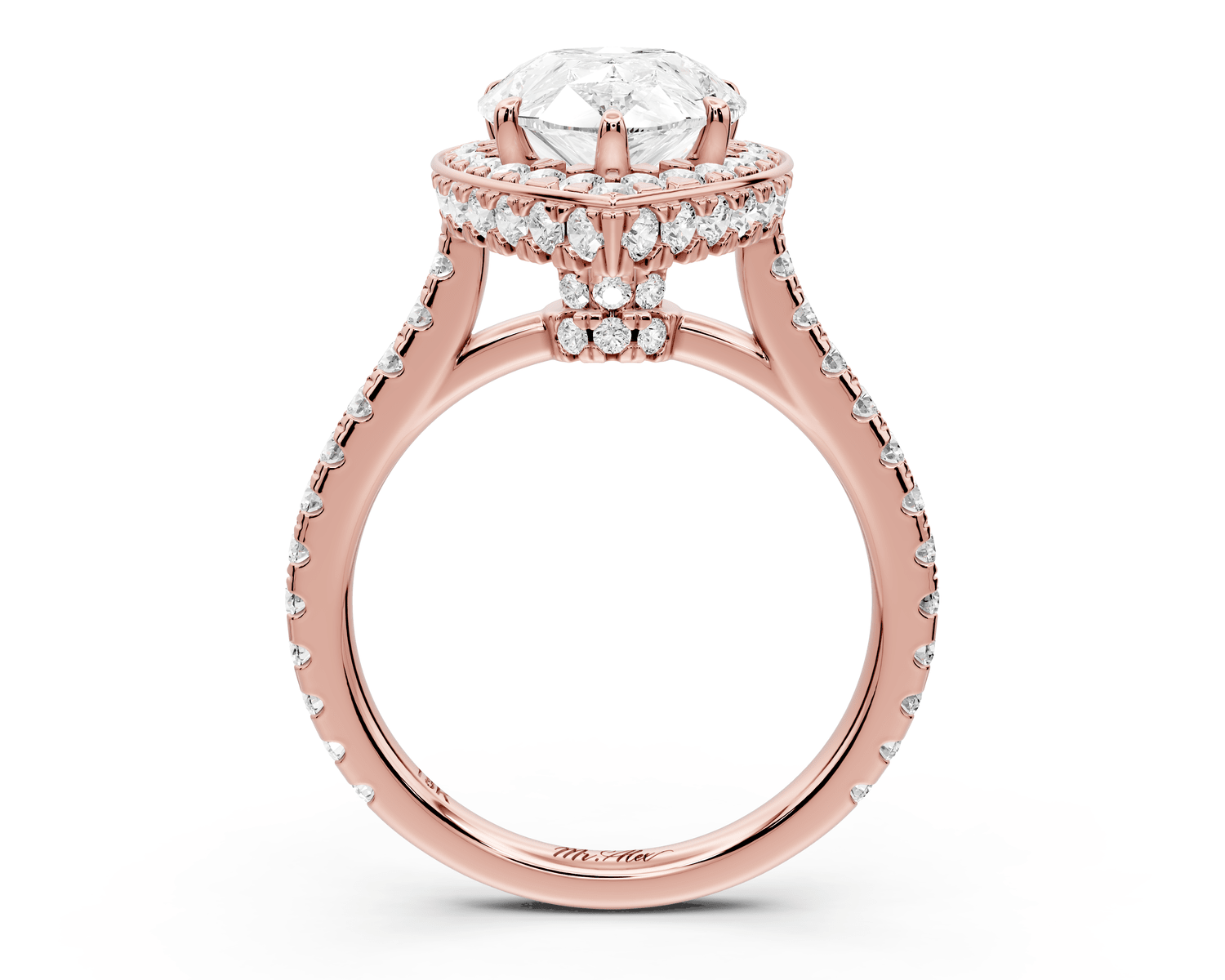 Beatrice - 3ct 18k rose gold pear stone in rollover halo with diamond bridge and pavé engagement ring - Mr. Alex Jewelry
