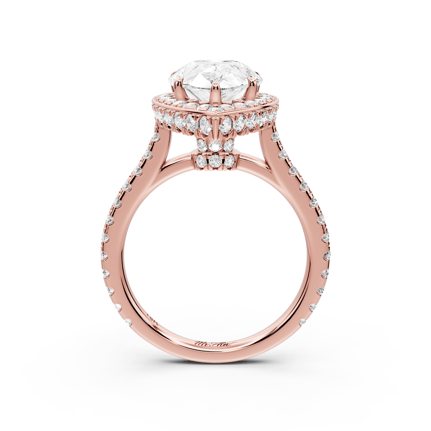 Beatrice - 3ct 18k rose gold pear stone in rollover halo with diamond bridge and pavé engagement ring - Mr. Alex Jewelry