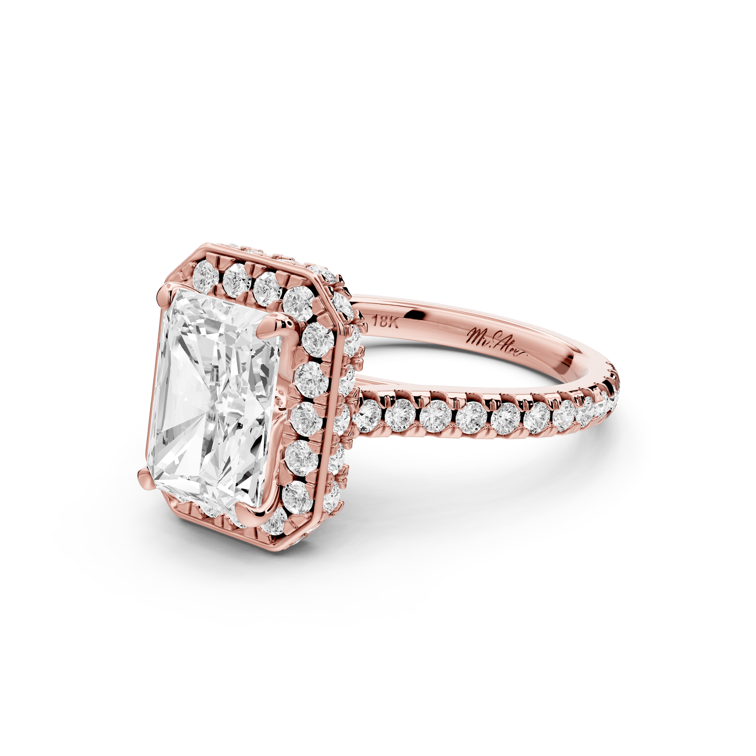 Beatrice - 3ct 18k rose gold radiant stone in rollover halo with diamond bridge and pavé engagement ring - Mr. Alex Jewelry