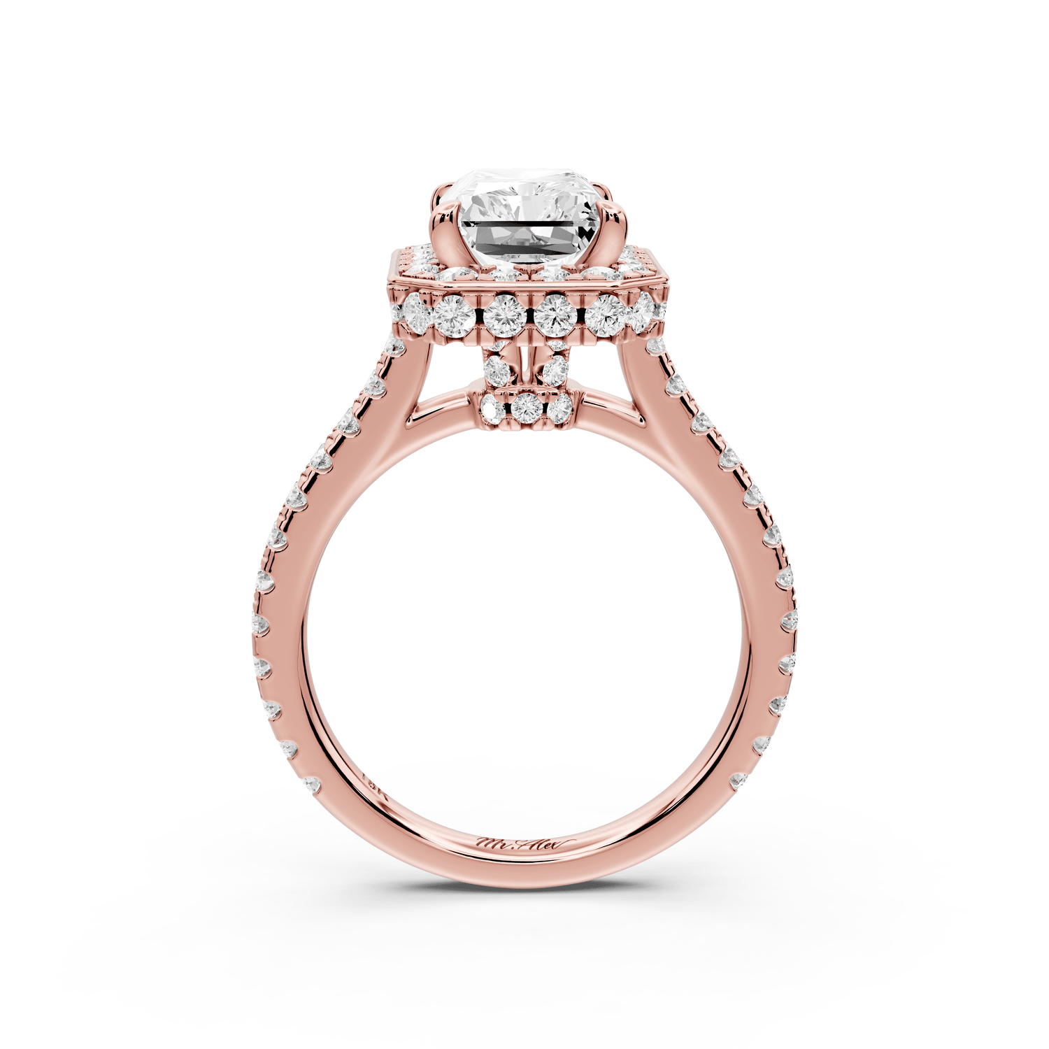 Beatrice - 3ct 18k rose gold radiant stone in rollover halo with diamond bridge and pavé engagement ring - Mr. Alex Jewelry