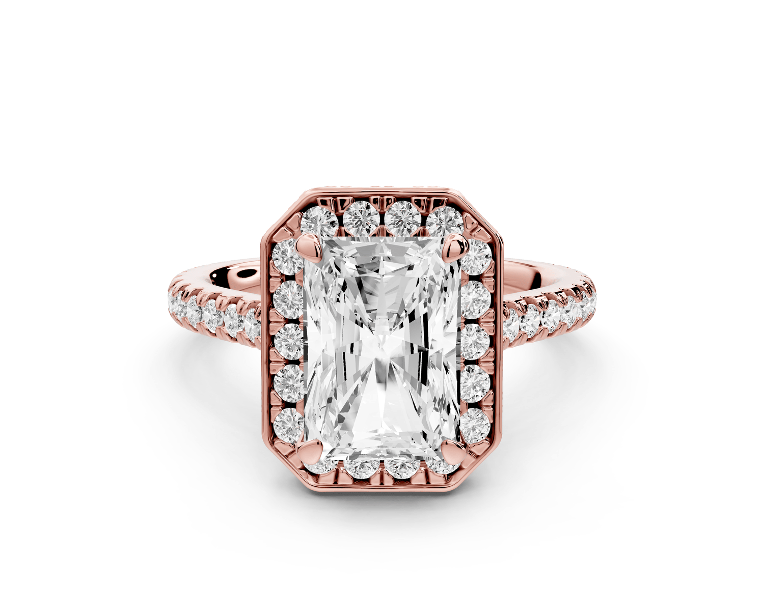 Beatrice - 3ct 18k rose gold radiant stone in rollover halo with diamond bridge and pavé engagement ring - Mr. Alex Jewelry