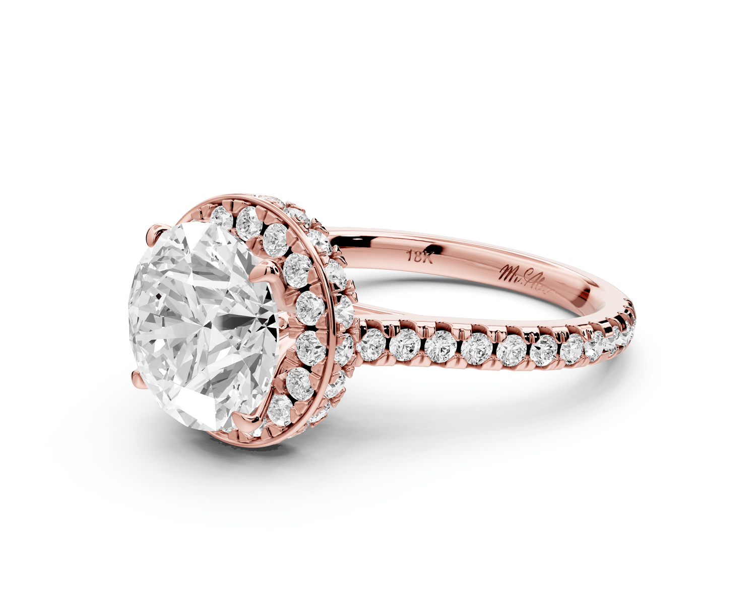 Beatrice - 3ct 18k rose gold round stone in rollover halo with diamond bridge and pavé engagement ring - Mr. Alex Jewelry