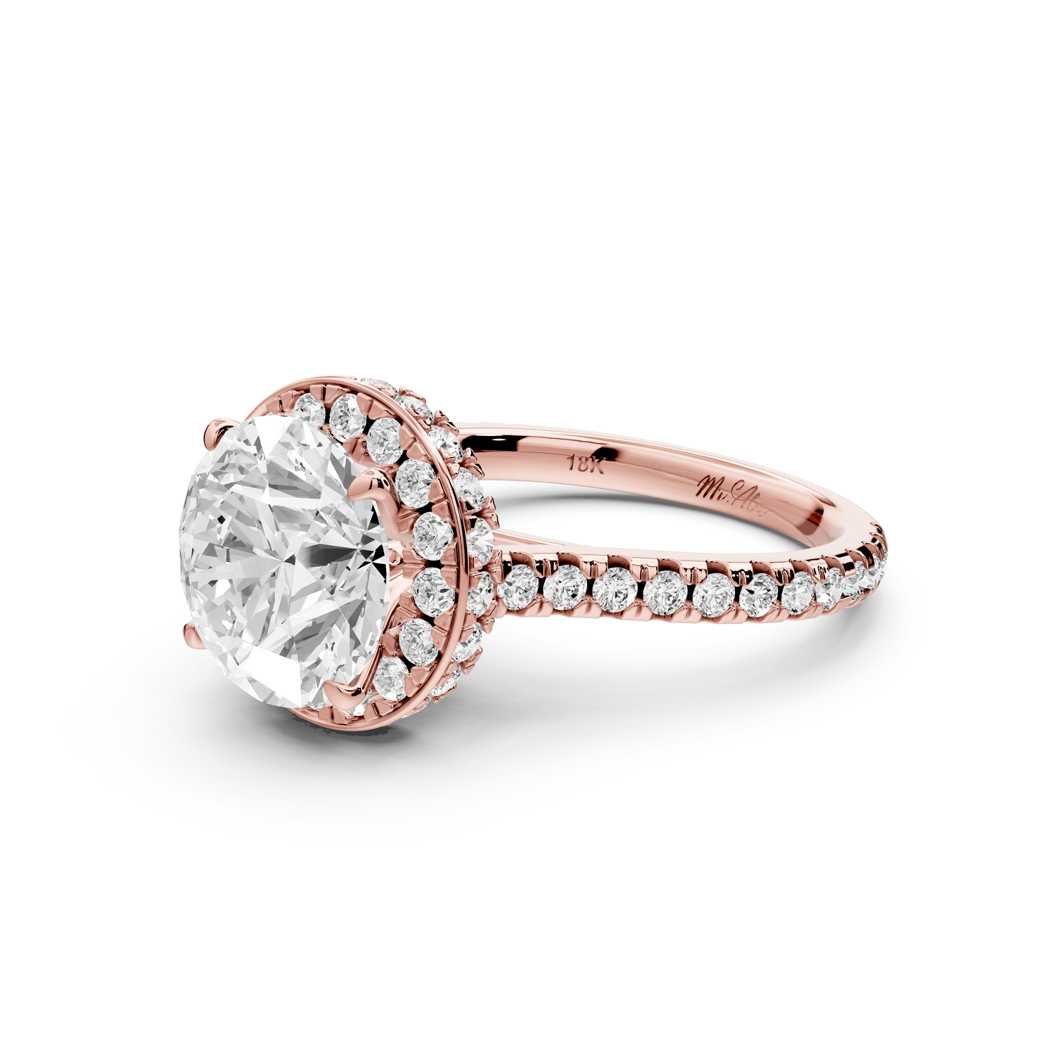 Beatrice - 3ct 18k rose gold round stone in rollover halo with diamond bridge and pavé engagement ring - Mr. Alex Jewelry