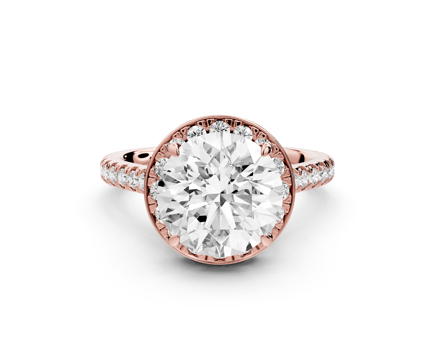 Beatrice - 3ct 18k rose gold round stone in rollover halo with diamond bridge and pavé engagement ring - Mr. Alex Jewelry