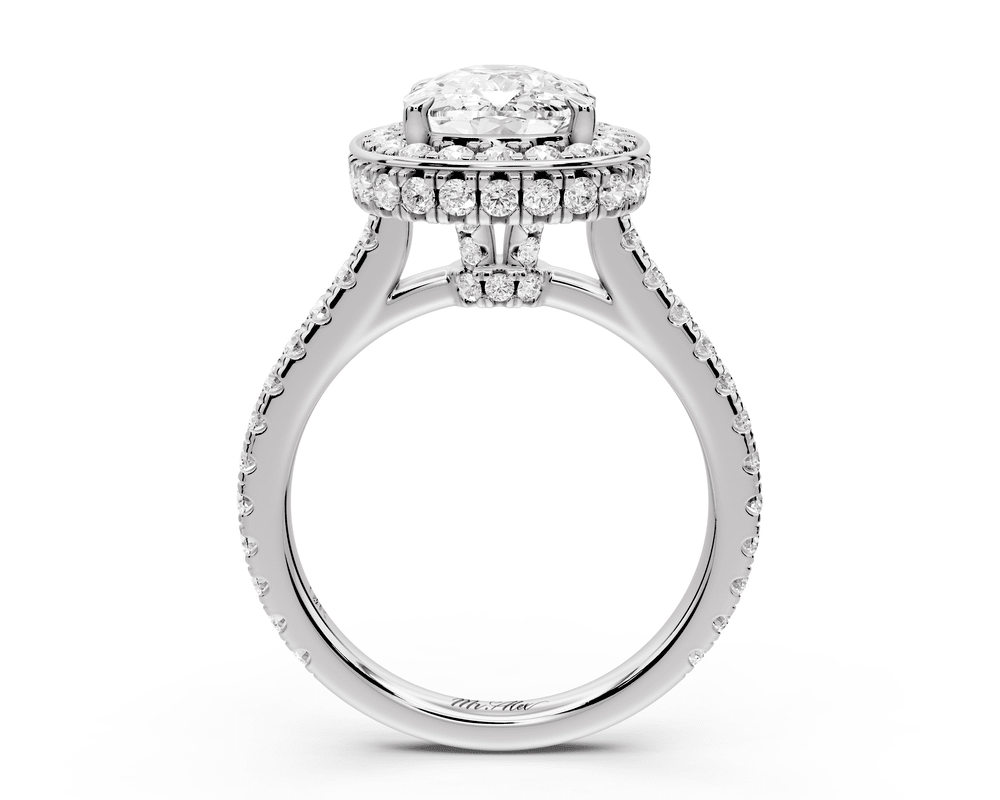 Beatrice - 3ct 18k white gold ecushion stone in rollover halo with diamond bridge and pavé engagement ring - Mr. Alex Jewelry
