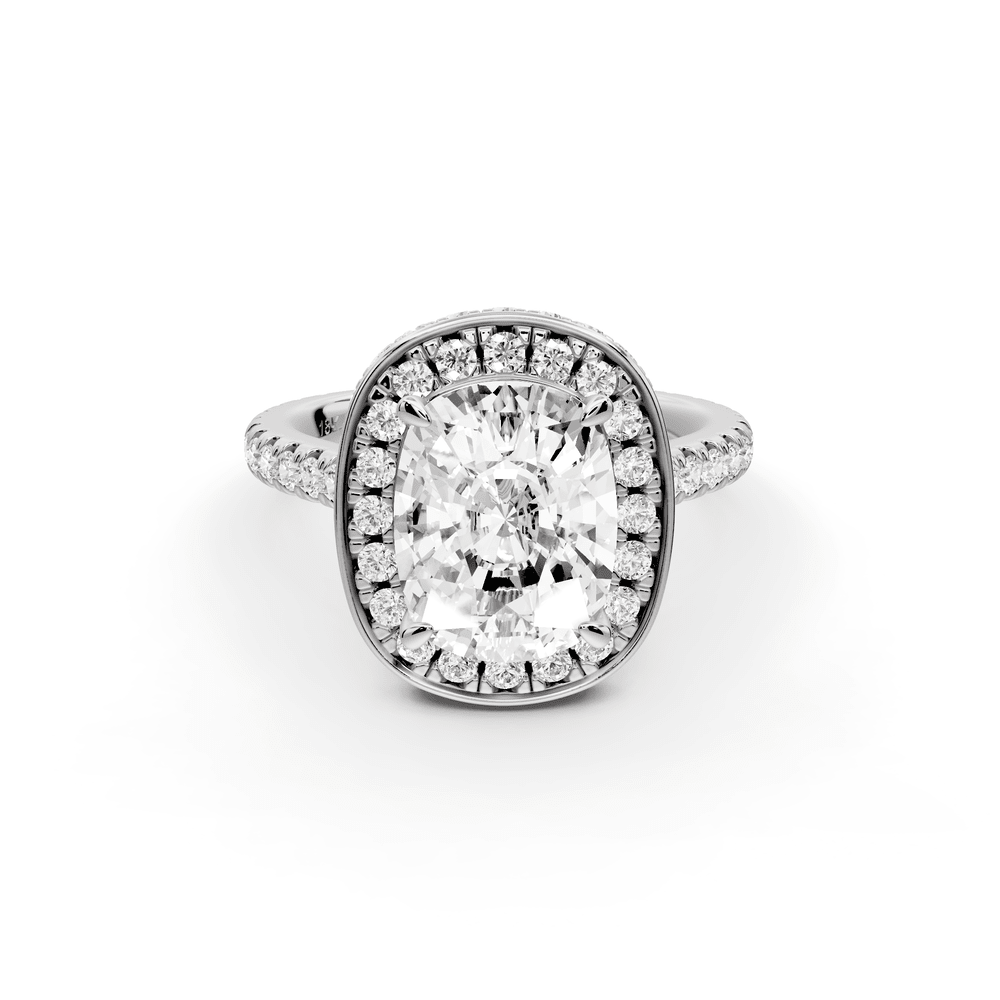 Beatrice - 3ct 18k white gold ecushion stone in rollover halo with diamond bridge and pavé engagement ring - Mr. Alex Jewelry