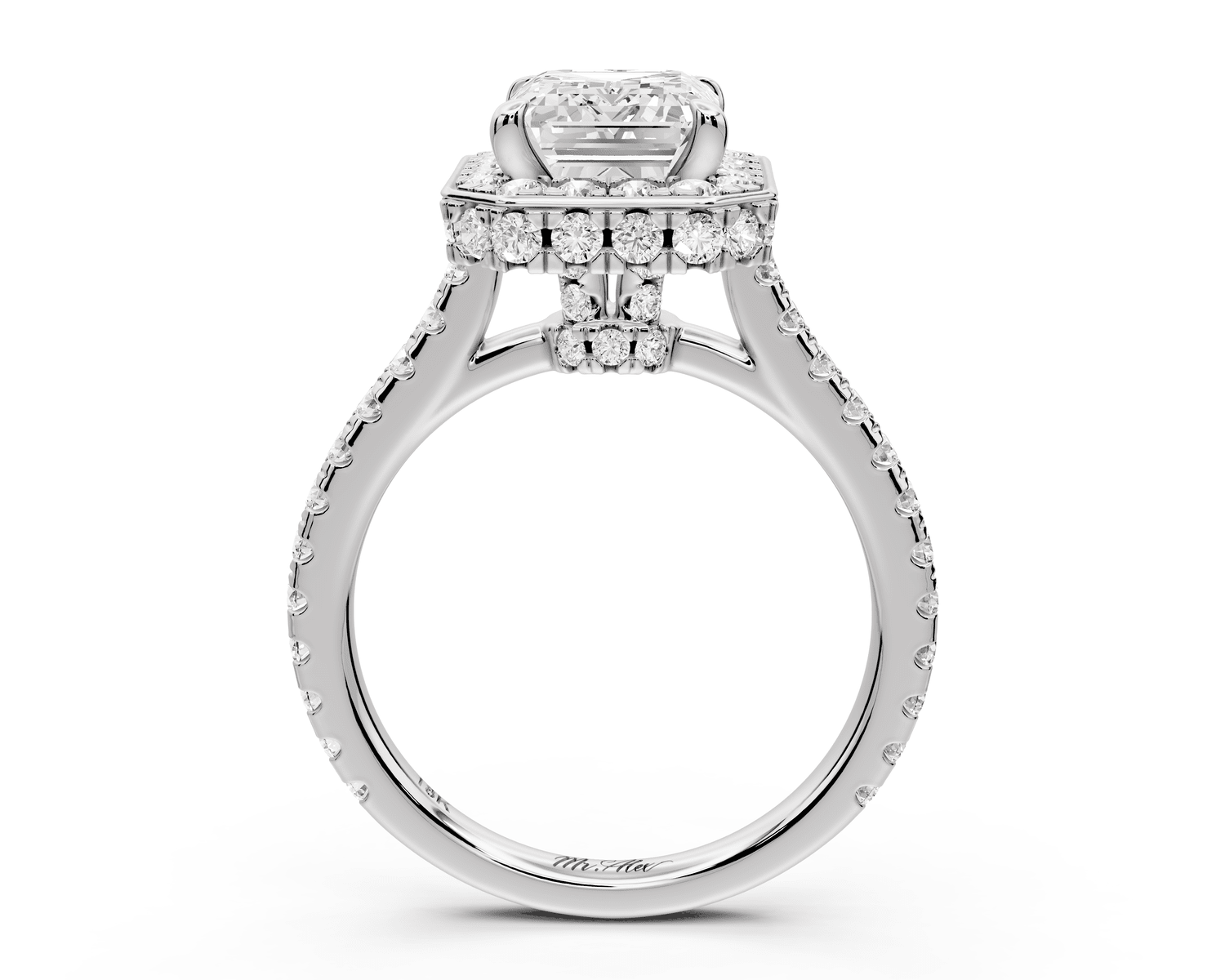 Beatrice - 3ct 18k white gold emerald stone in rollover halo with diamond bridge and pavé engagement ring - Mr. Alex Jewelry