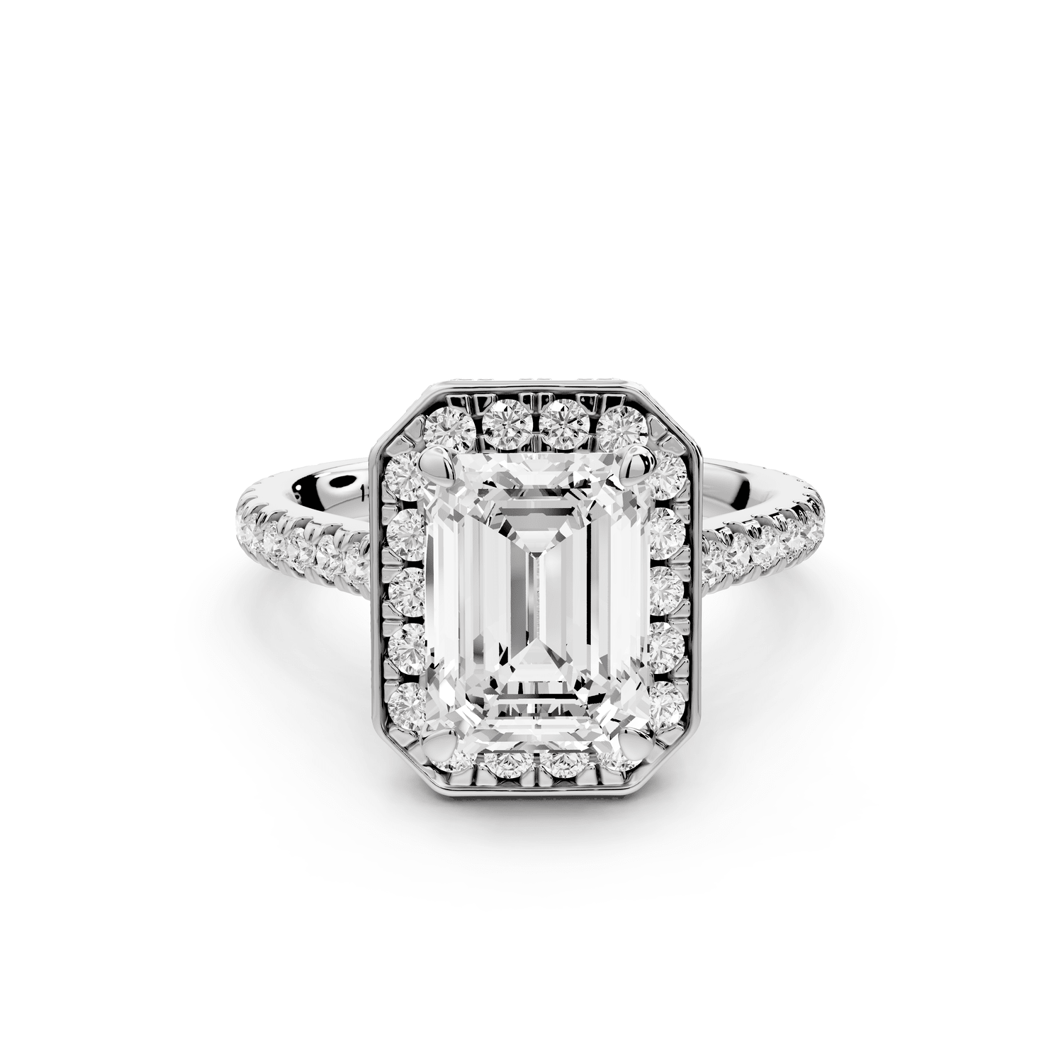 Beatrice - 3ct 18k white gold emerald stone in rollover halo with diamond bridge and pavé engagement ring - Mr. Alex Jewelry