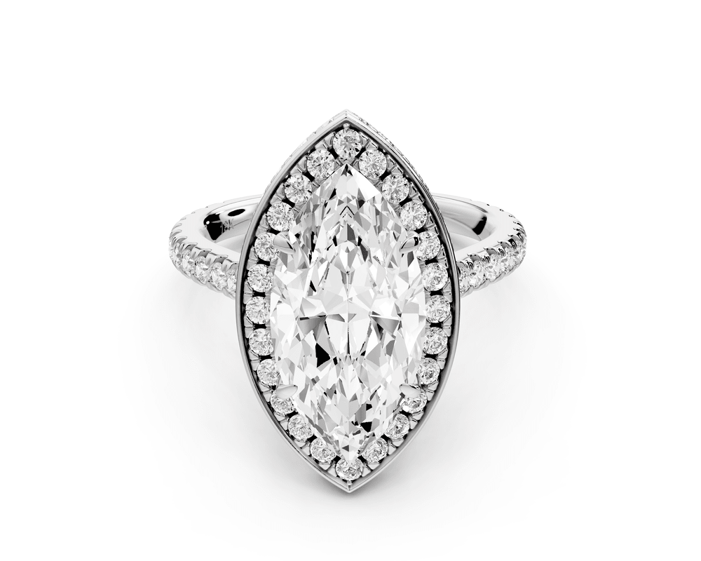 Beatrice - 3ct 18k white gold marquise stone in rollover halo with diamond bridge and pavé engagement ring - Mr. Alex Jewelry
