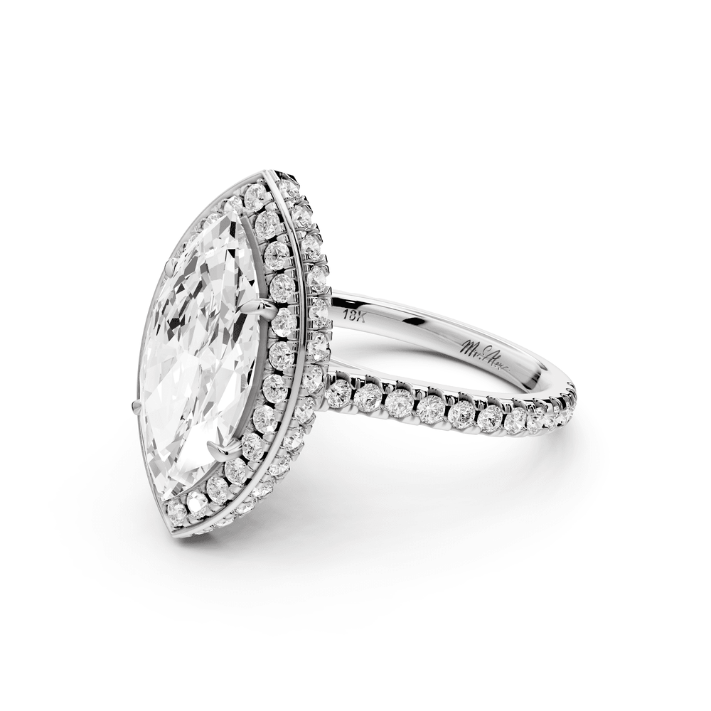 Beatrice - 3ct 18k white gold marquise stone in rollover halo with diamond bridge and pavé engagement ring - Mr. Alex Jewelry