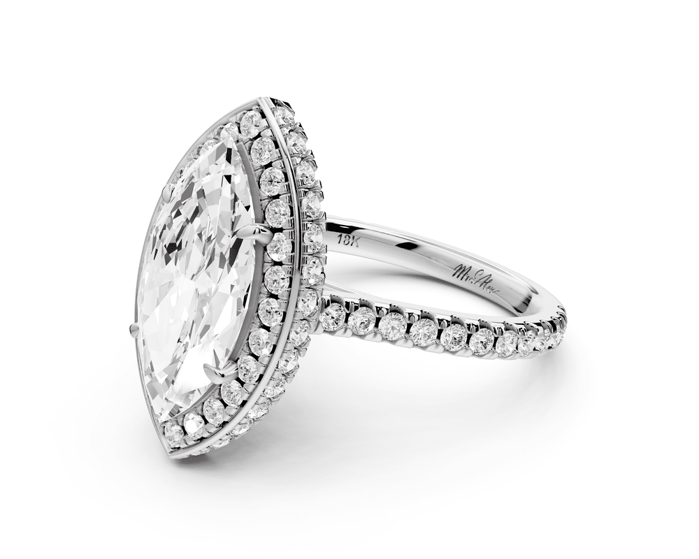 Beatrice - 3ct 18k white gold marquise stone in rollover halo with diamond bridge and pavé engagement ring - Mr. Alex Jewelry