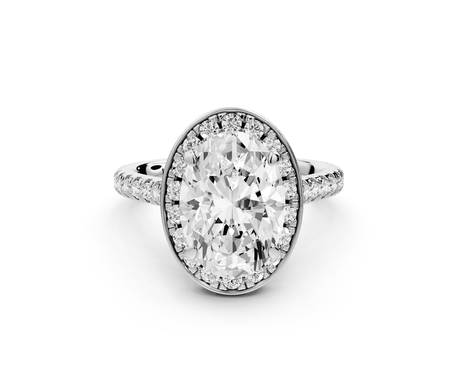 Beatrice - 3ct 18k white gold oval stone in rollover halo with diamond bridge and pavé engagement ring - Mr. Alex Jewelry