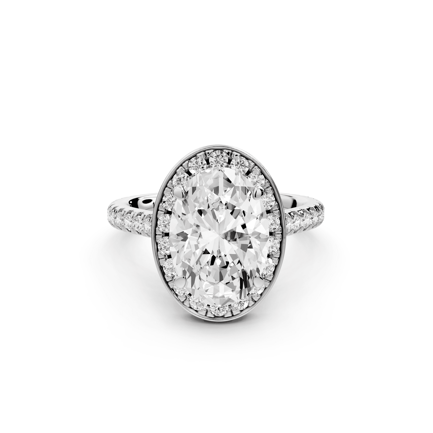 Beatrice - 3ct 18k white gold oval stone in rollover halo with diamond bridge and pavé engagement ring - Mr. Alex Jewelry
