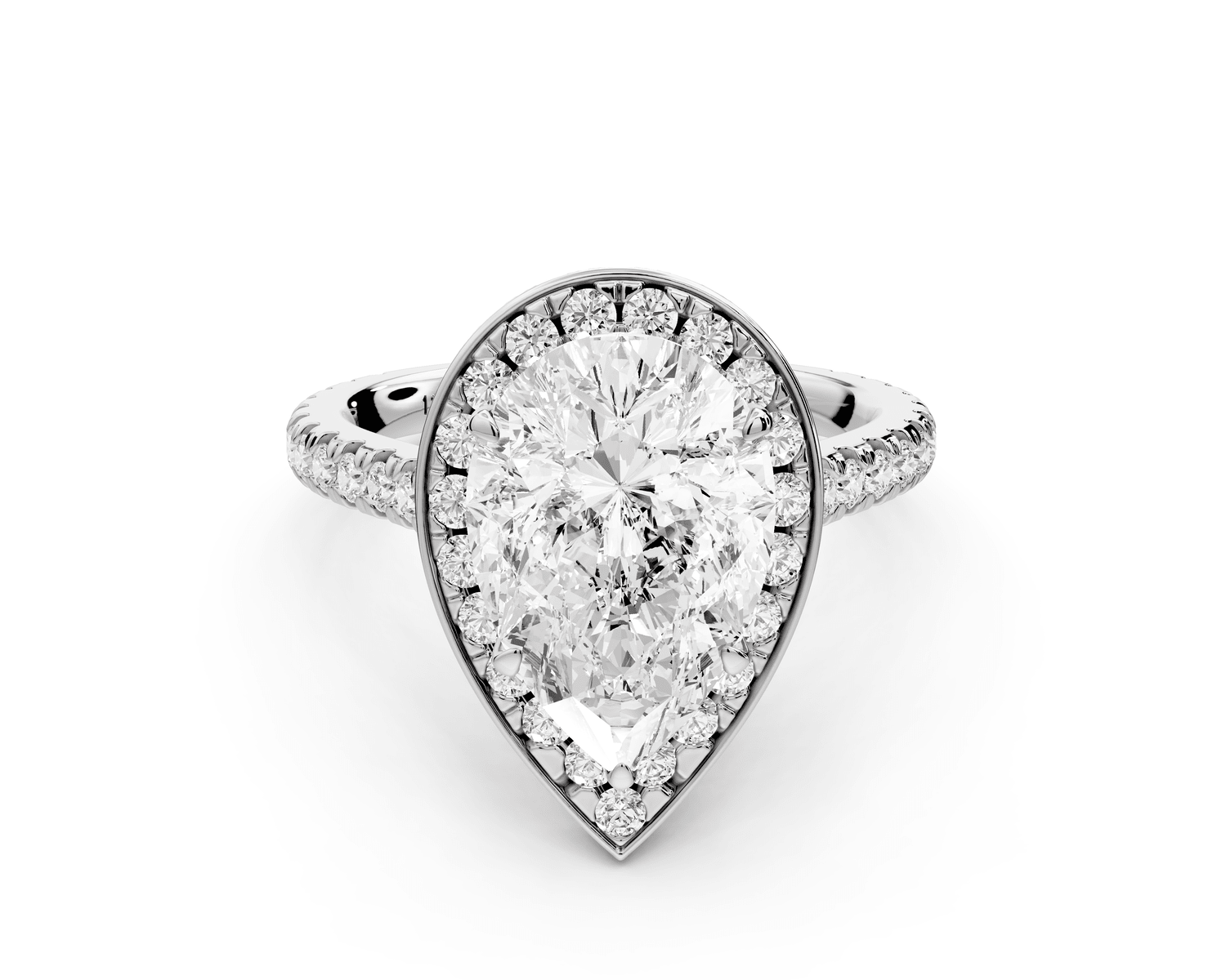 Beatrice - 3ct 18k white gold pear stone in rollover halo with diamond bridge and pavé engagement ring - Mr. Alex Jewelry