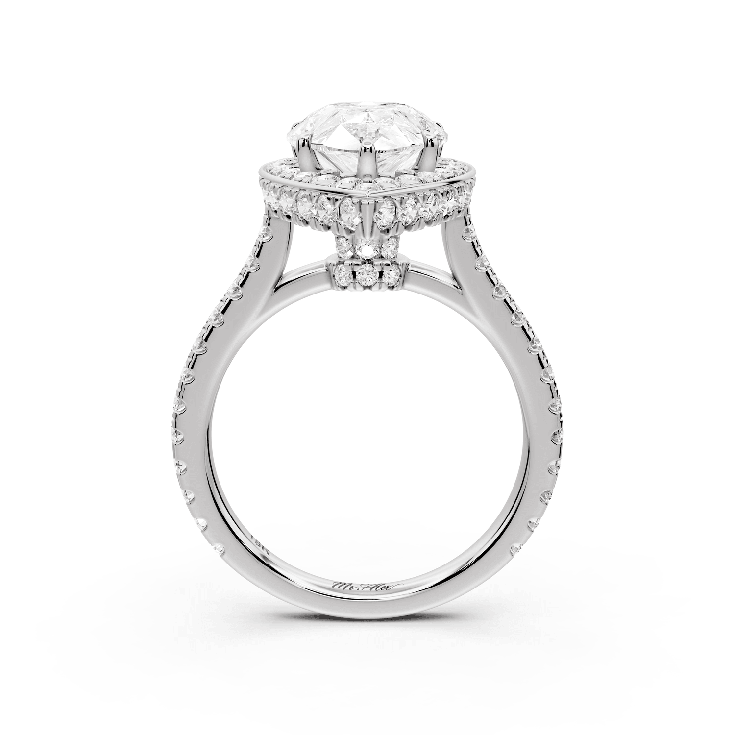 Beatrice - 3ct 18k white gold pear stone in rollover halo with diamond bridge and pavé engagement ring - Mr. Alex Jewelry