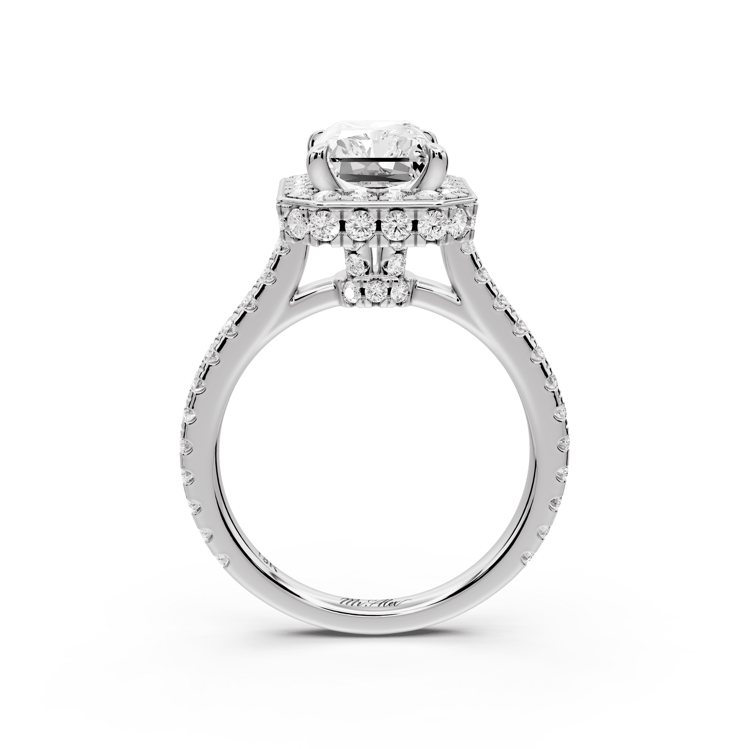 Beatrice - 3ct 18k white gold radiant stone in rollover halo with diamond bridge and pavé engagement ring - Mr. Alex Jewelry