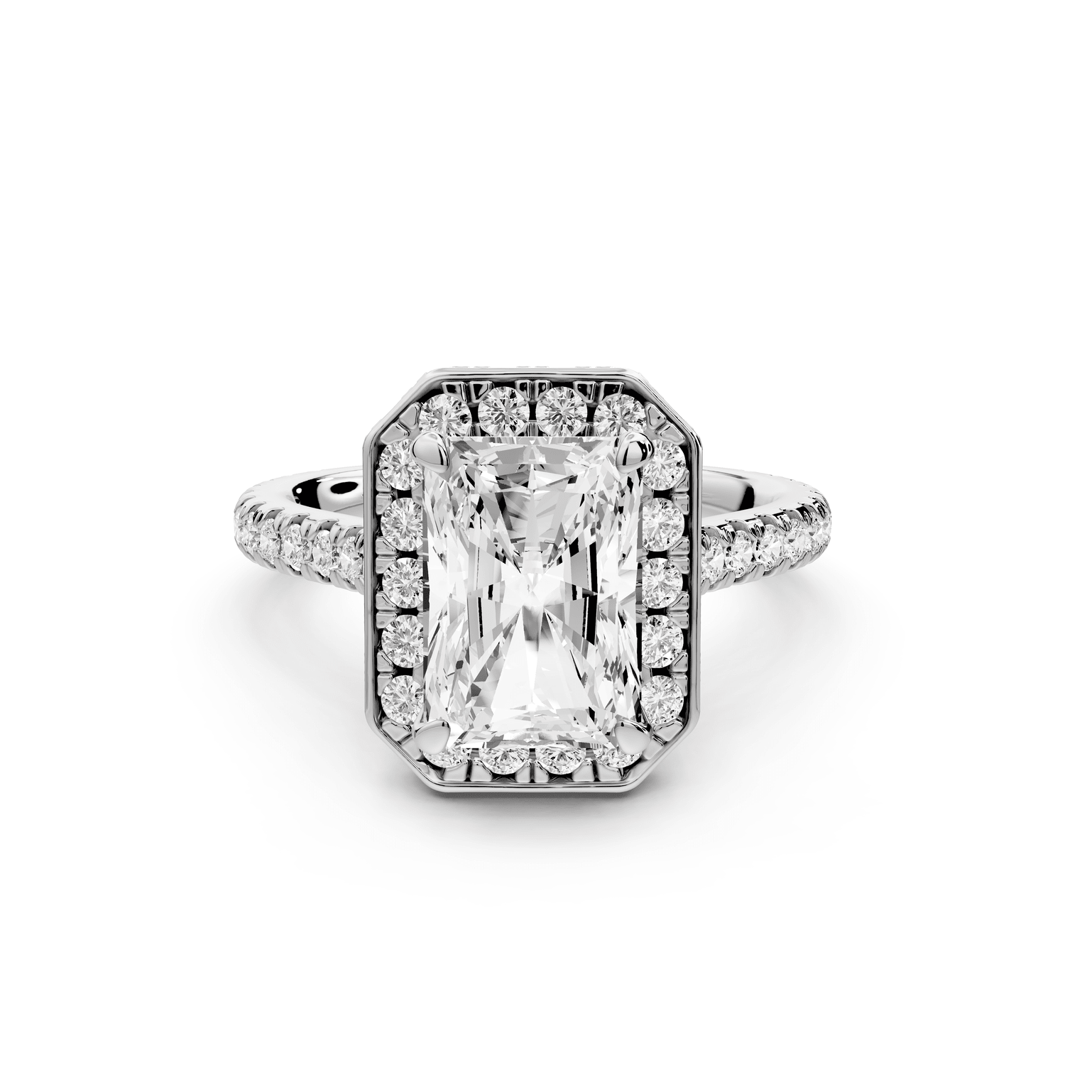 Beatrice - 3ct 18k white gold radiant stone in rollover halo with diamond bridge and pavé engagement ring - Mr. Alex Jewelry