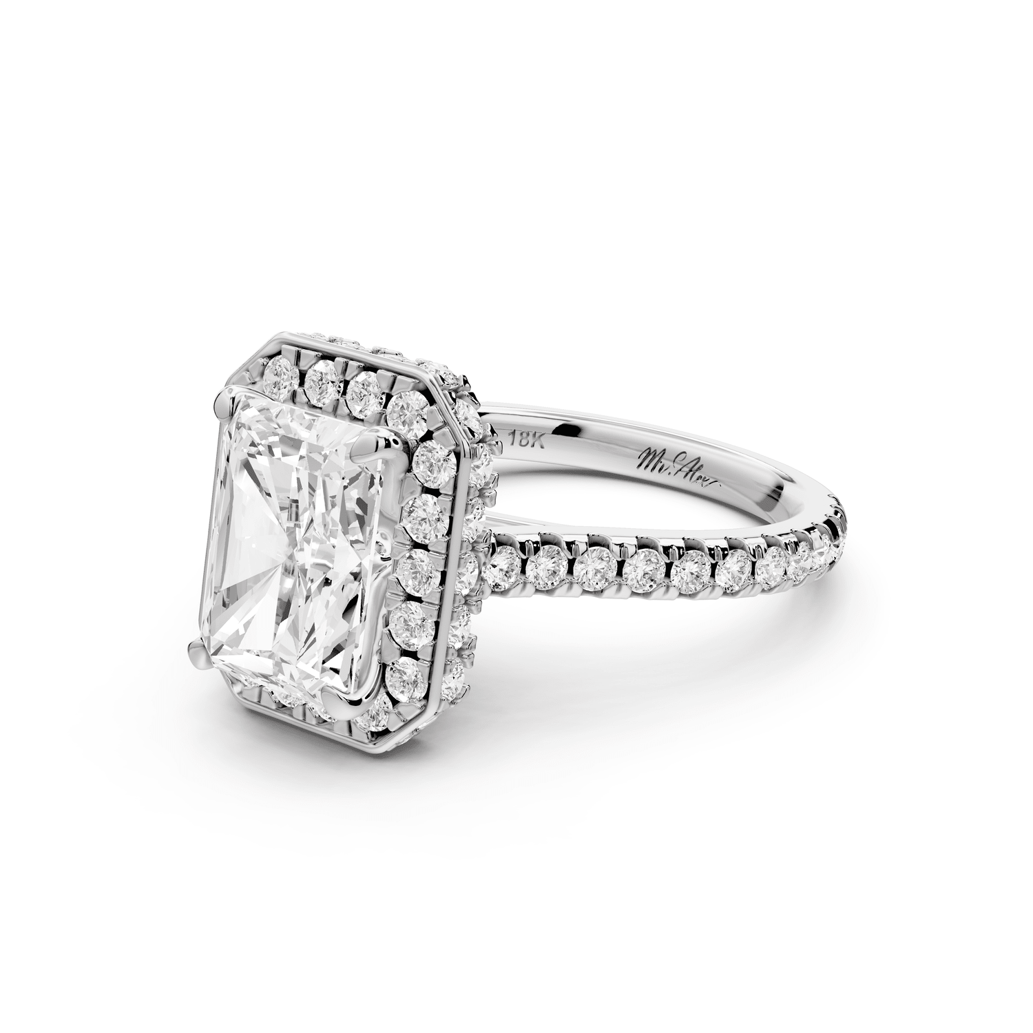 Beatrice - 3ct 18k white gold radiant stone in rollover halo with diamond bridge and pavé engagement ring - Mr. Alex Jewelry