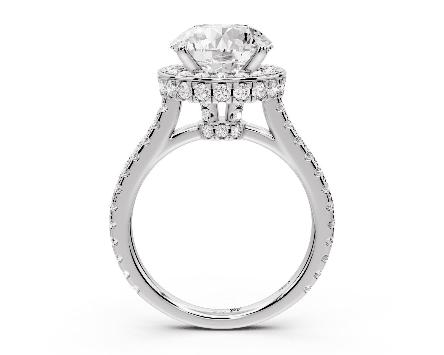 Beatrice - 3ct 18k white gold round stone in rollover halo with diamond bridge and pavé engagement ring - Mr. Alex Jewelry