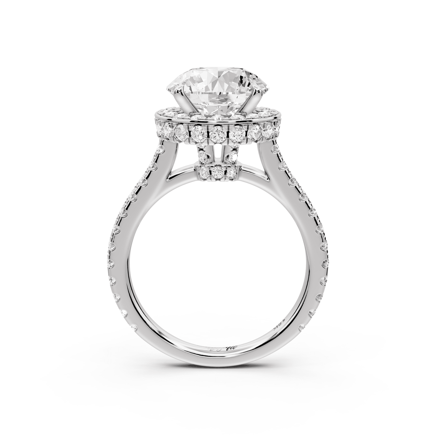 Beatrice - 3ct 18k white gold round stone in rollover halo with diamond bridge and pavé engagement ring - Mr. Alex Jewelry