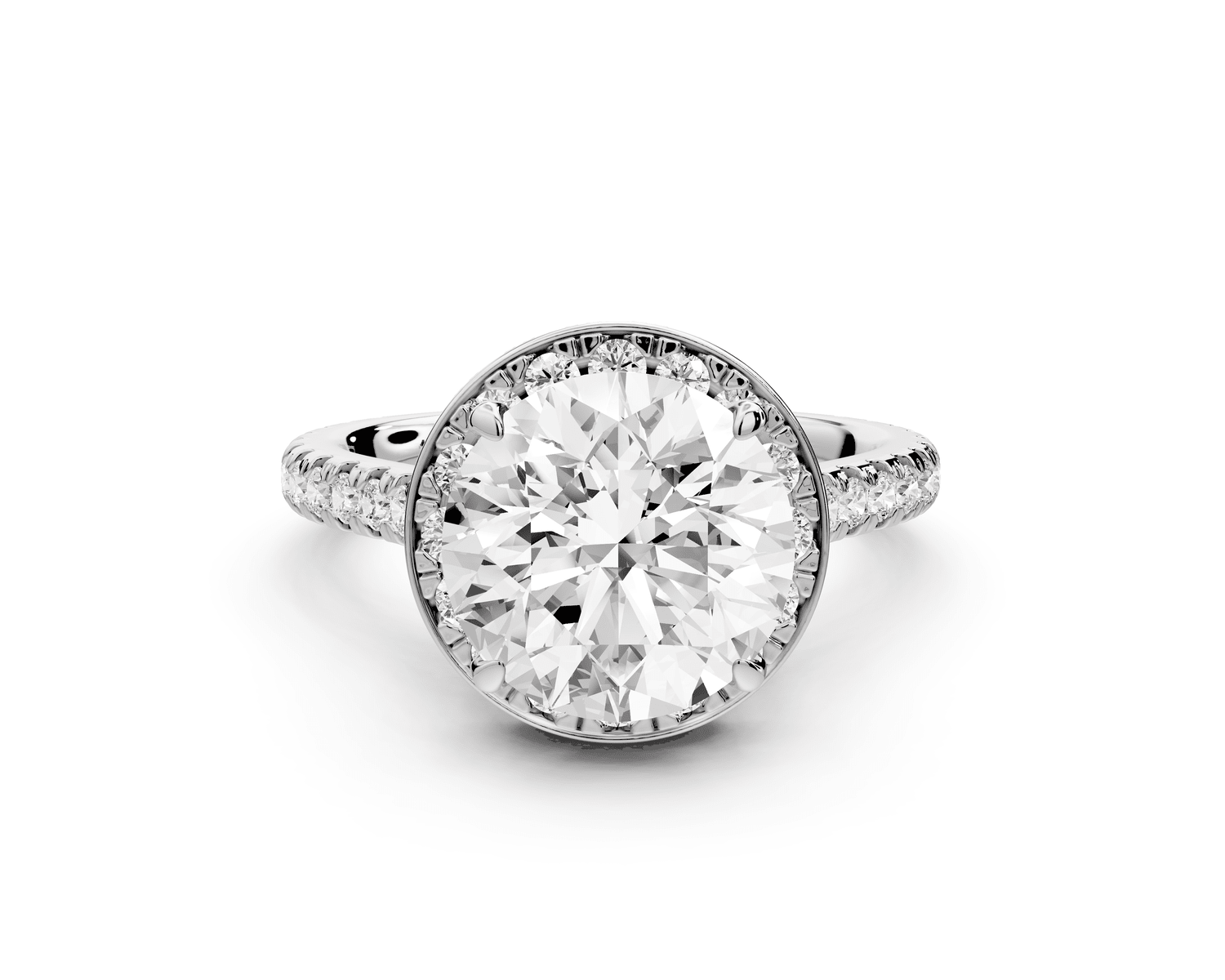 Beatrice - 3ct 18k white gold round stone in rollover halo with diamond bridge and pavé engagement ring - Mr. Alex Jewelry