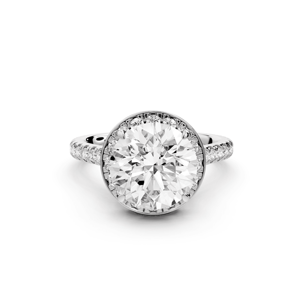 Beatrice - 3ct 18k white gold round stone in rollover halo with diamond bridge and pavé engagement ring - Mr. Alex Jewelry