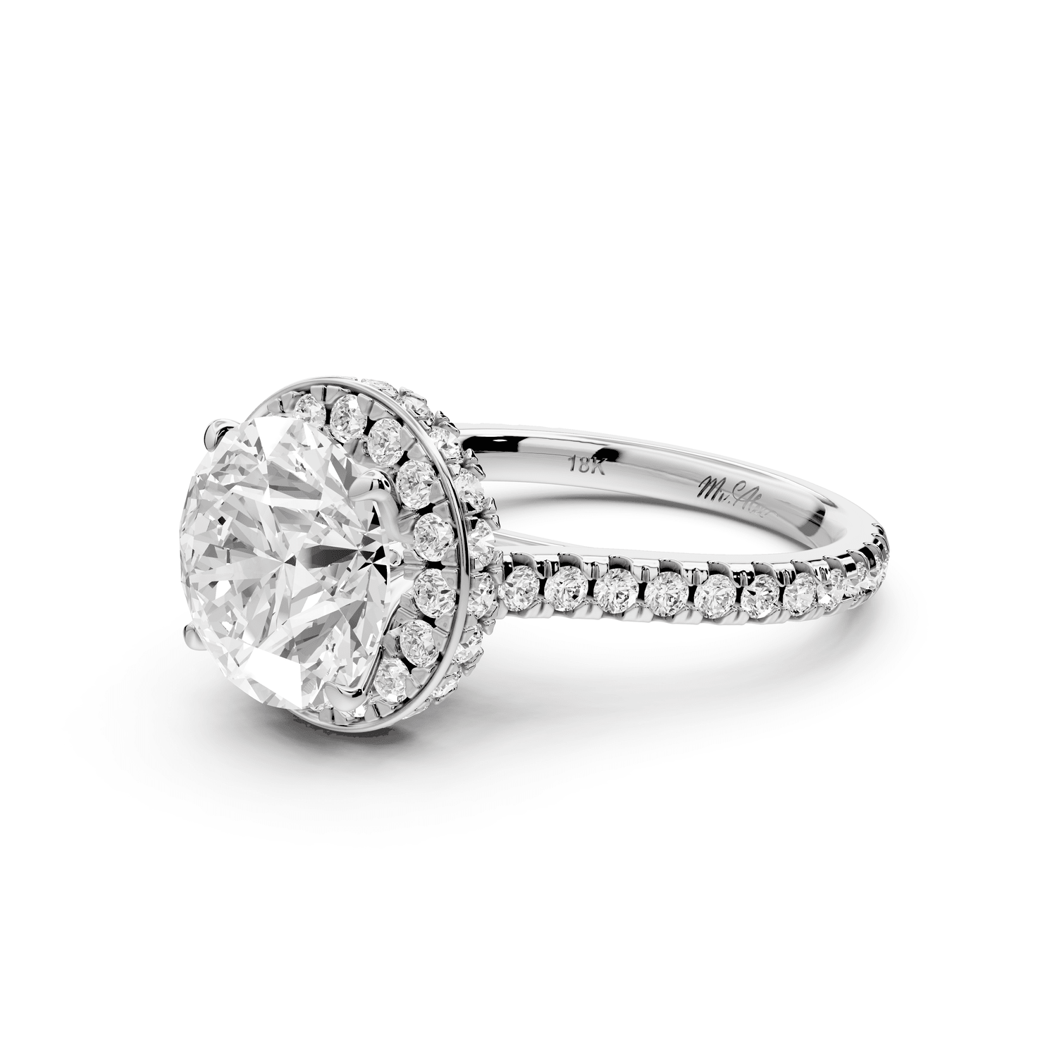 Beatrice - 3ct 18k white gold round stone in rollover halo with diamond bridge and pavé engagement ring - Mr. Alex Jewelry
