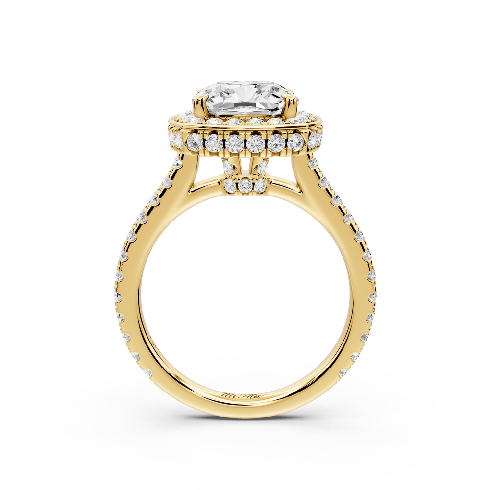 Beatrice - 3ct 18k yellow gold cushion stone in rollover halo with diamond bridge and pavé engagement ring - Mr. Alex Jewelry