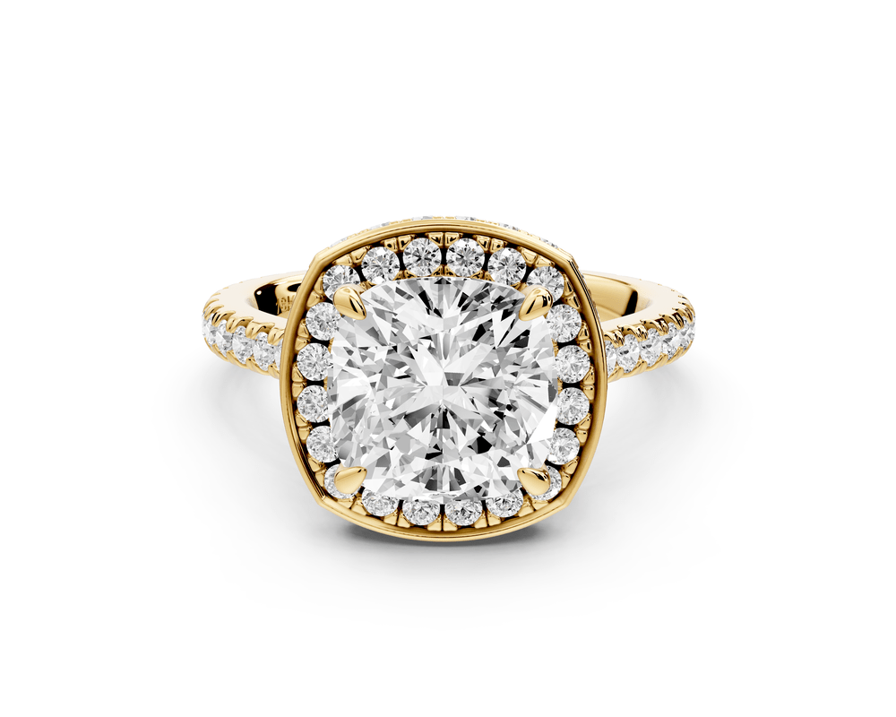 Beatrice - 3ct 18k yellow gold cushion stone in rollover halo with diamond bridge and pavé engagement ring - Mr. Alex Jewelry