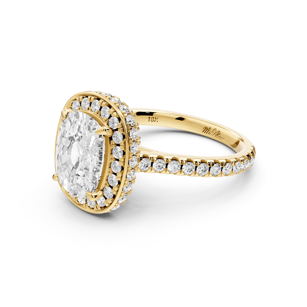 Beatrice - 3ct 18k yellow gold ecushion stone in rollover halo with diamond bridge and pavé engagement ring - Mr. Alex Jewelry