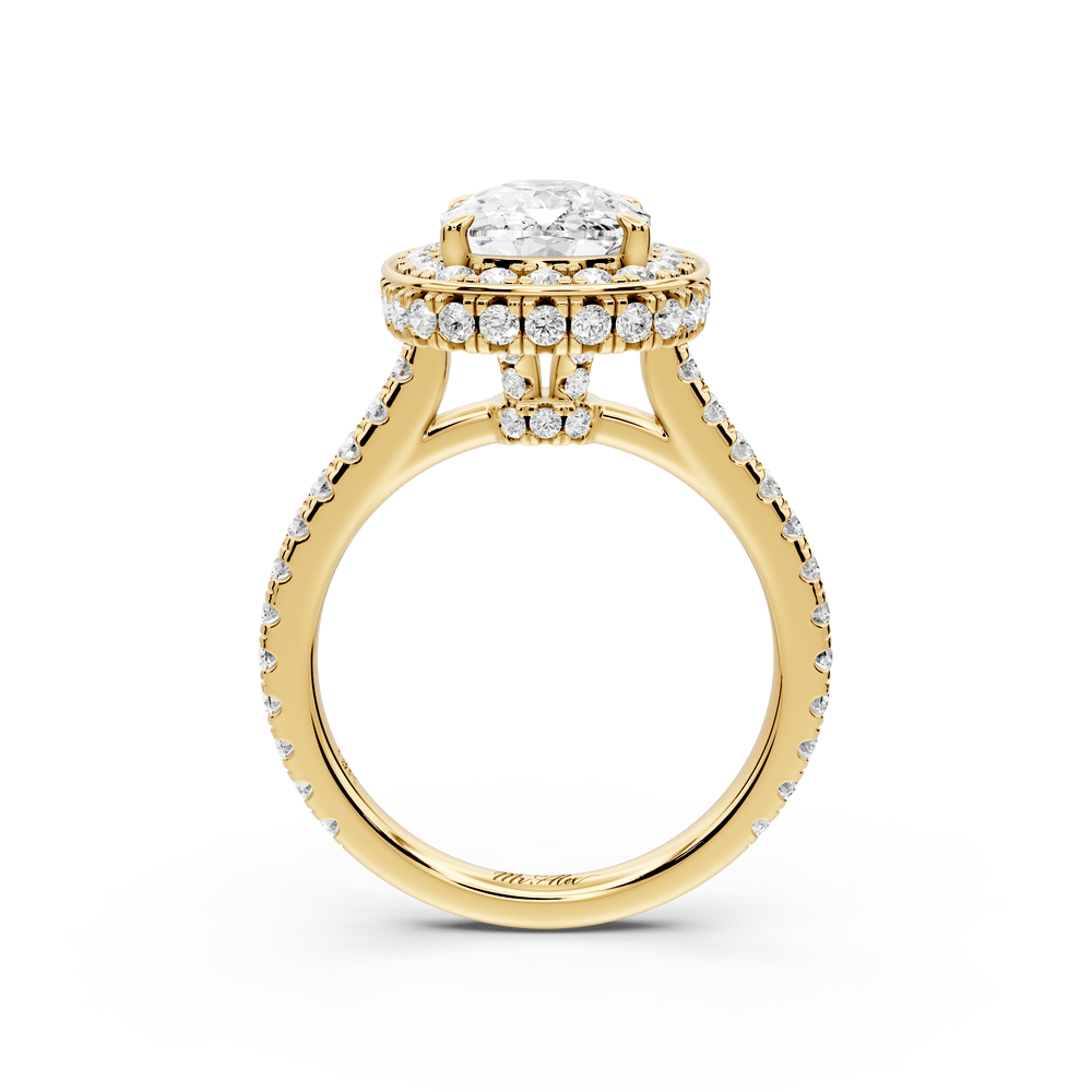 Beatrice - 3ct 18k yellow gold ecushion stone in rollover halo with diamond bridge and pavé engagement ring - Mr. Alex Jewelry