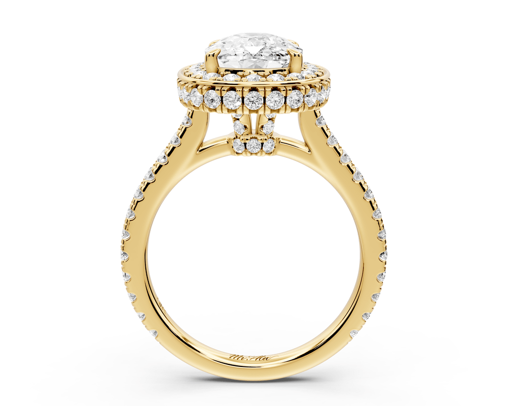 Beatrice - 3ct 18k yellow gold ecushion stone in rollover halo with diamond bridge and pavé engagement ring - Mr. Alex Jewelry