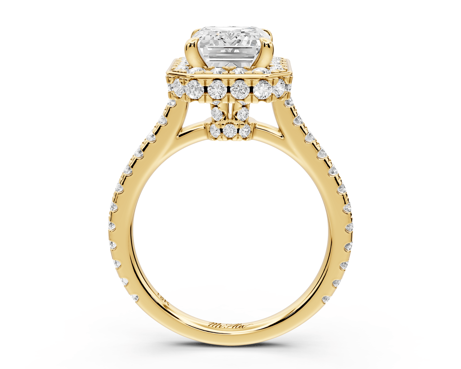 Beatrice - 3ct 18k yellow gold emerald stone in rollover halo with diamond bridge and pavé engagement ring - Mr. Alex Jewelry