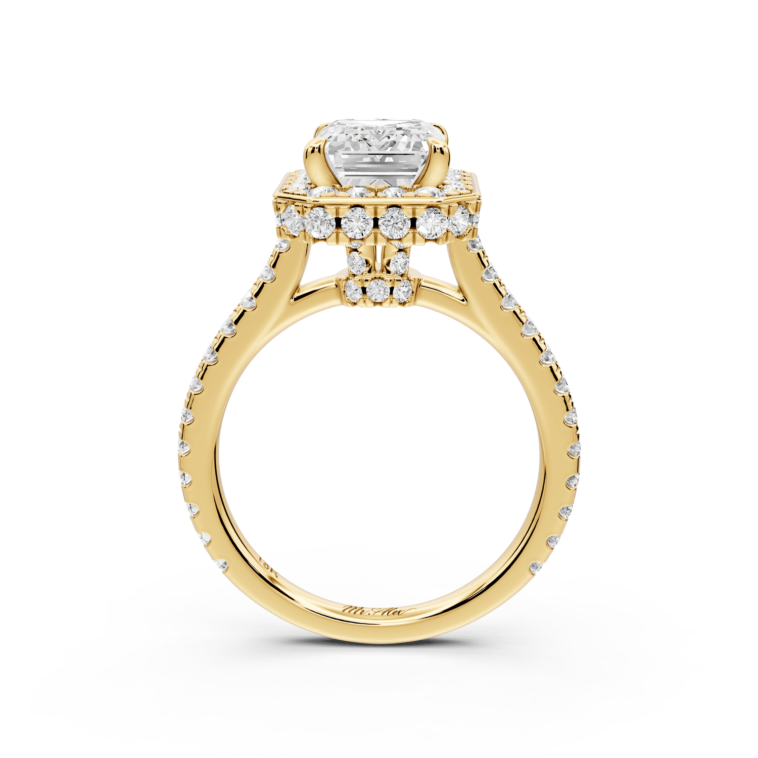 Beatrice - 3ct 18k yellow gold emerald stone in rollover halo with diamond bridge and pavé engagement ring - Mr. Alex Jewelry