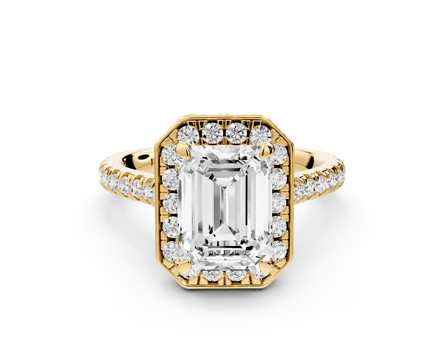 Beatrice - 3ct 18k yellow gold emerald stone in rollover halo with diamond bridge and pavé engagement ring - Mr. Alex Jewelry