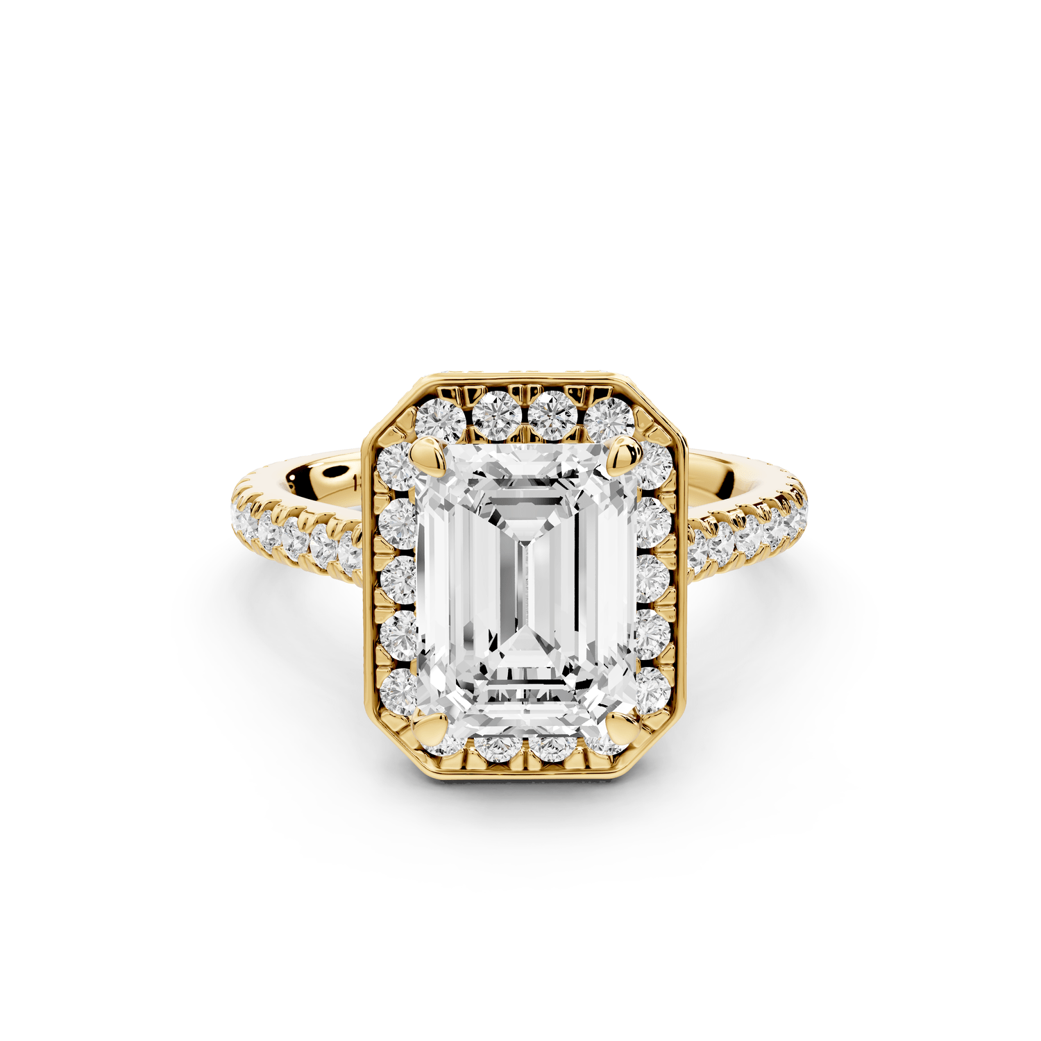Beatrice - 3ct 18k yellow gold emerald stone in rollover halo with diamond bridge and pavé engagement ring - Mr. Alex Jewelry