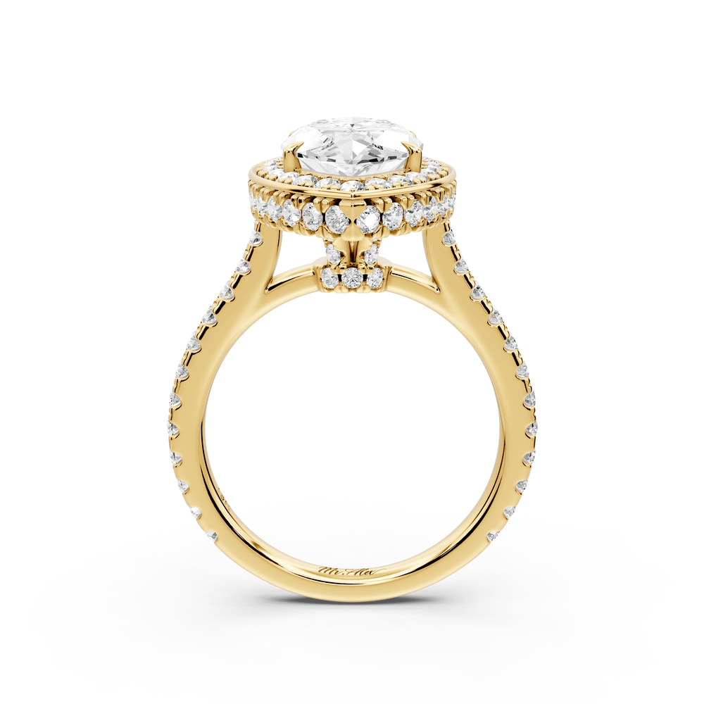Beatrice - 3ct 18k yellow gold marquise stone in rollover halo with diamond bridge and pavé engagement ring - Mr. Alex Jewelry