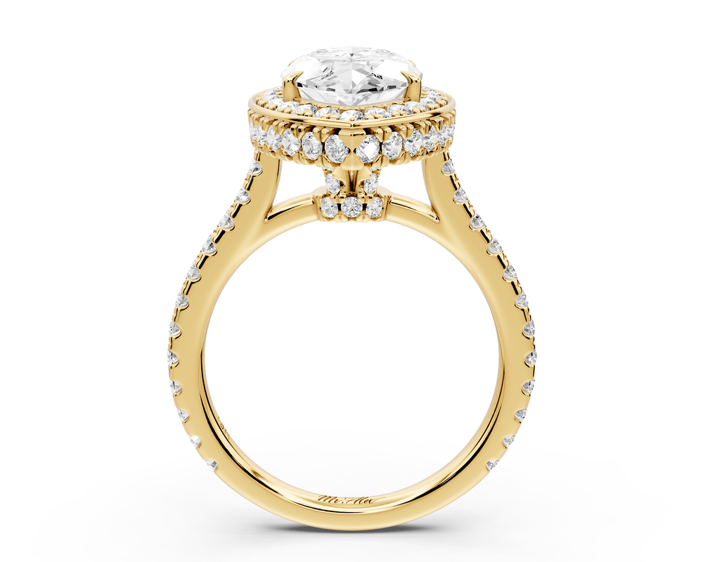Beatrice - 3ct 18k yellow gold marquise stone in rollover halo with diamond bridge and pavé engagement ring - Mr. Alex Jewelry