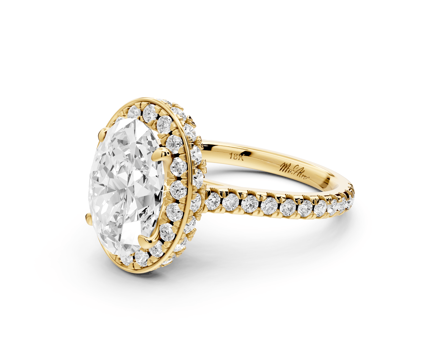 Beatrice - 3ct 18k yellow gold oval stone in rollover halo with diamond bridge and pavé engagement ring - Mr. Alex Jewelry