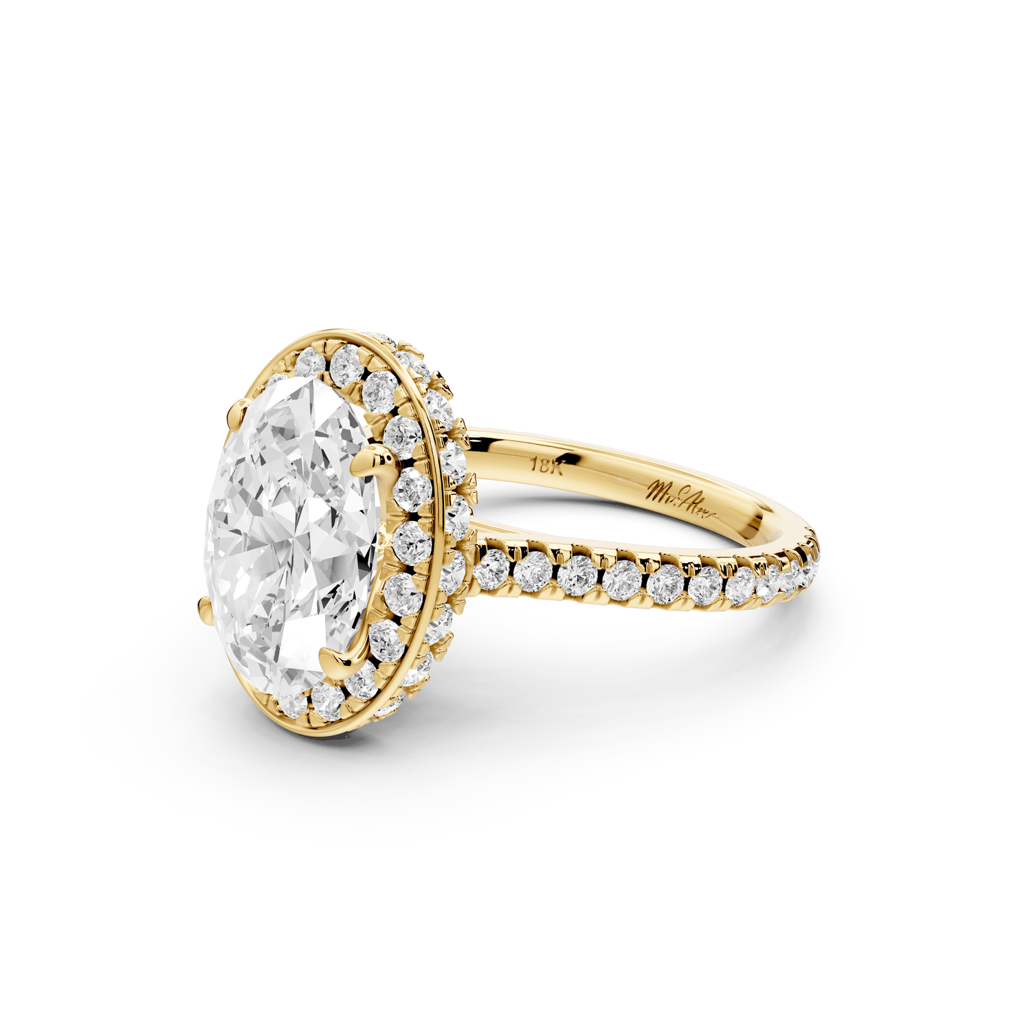 Beatrice - 3ct 18k yellow gold oval stone in rollover halo with diamond bridge and pavé engagement ring - Mr. Alex Jewelry
