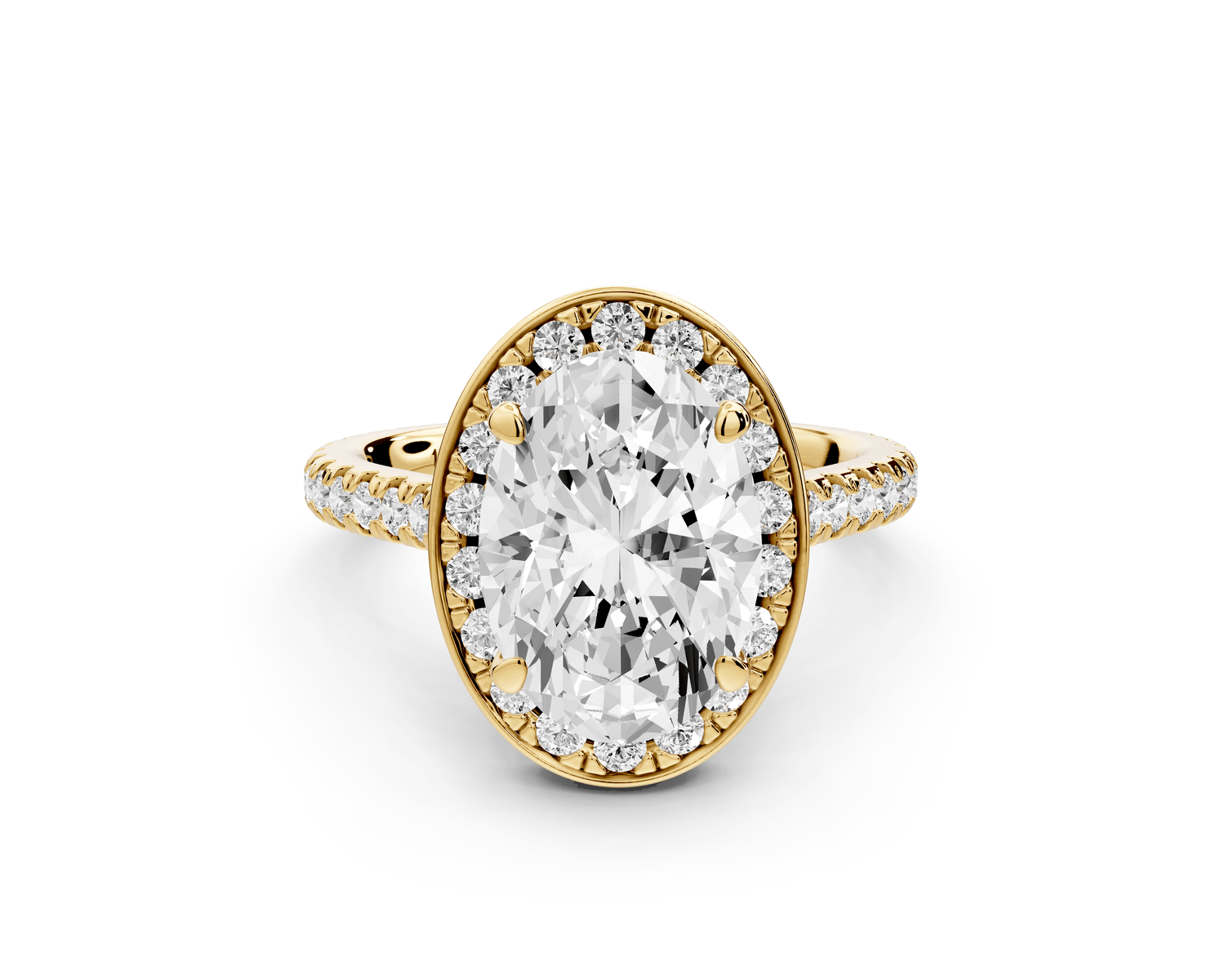 Beatrice - 3ct 18k yellow gold oval stone in rollover halo with diamond bridge and pavé engagement ring - Mr. Alex Jewelry
