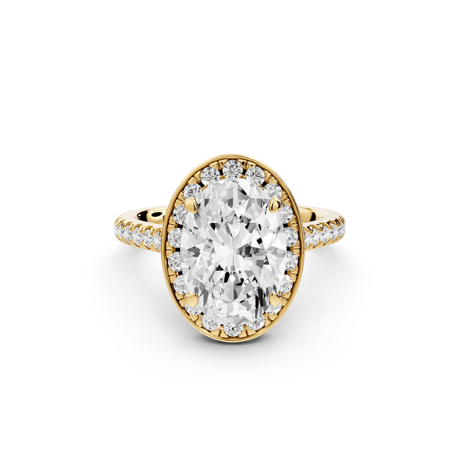 Beatrice - 3ct 18k yellow gold oval stone in rollover halo with diamond bridge and pavé engagement ring - Mr. Alex Jewelry