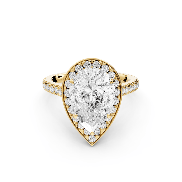 Beatrice - 3ct 18k yellow gold pear stone in rollover halo with diamond bridge and pavé engagement ring - Mr. Alex Jewelry