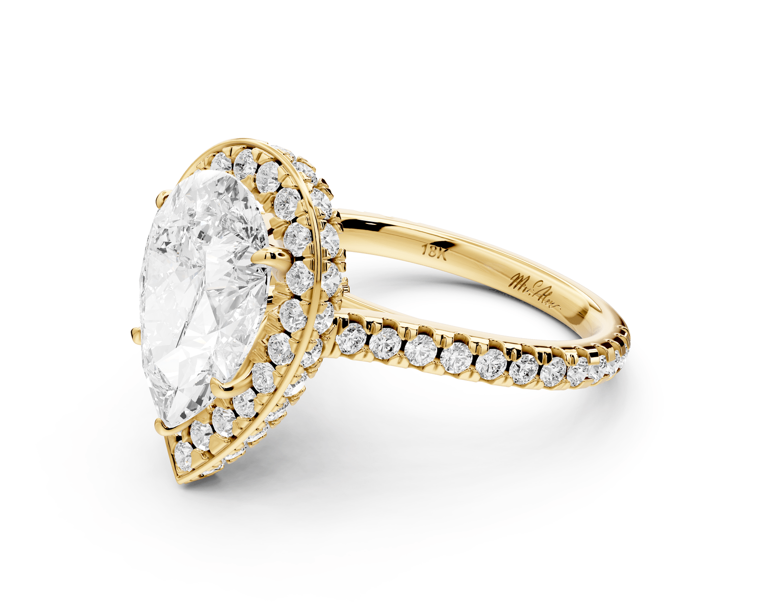 Beatrice - 3ct 18k yellow gold pear stone in rollover halo with diamond bridge and pavé engagement ring - Mr. Alex Jewelry
