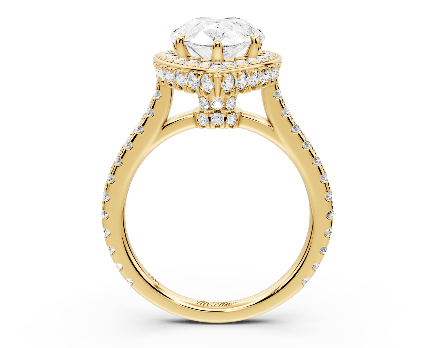 Beatrice - 3ct 18k yellow gold pear stone in rollover halo with diamond bridge and pavé engagement ring - Mr. Alex Jewelry