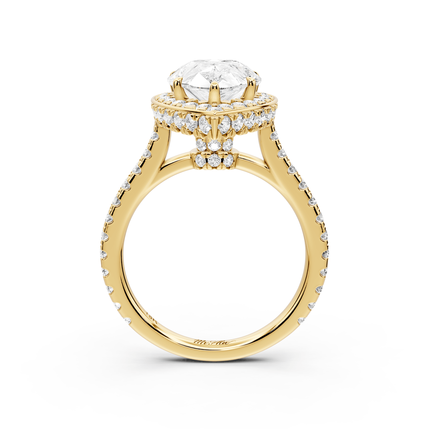 Beatrice - 3ct 18k yellow gold pear stone in rollover halo with diamond bridge and pavé engagement ring - Mr. Alex Jewelry